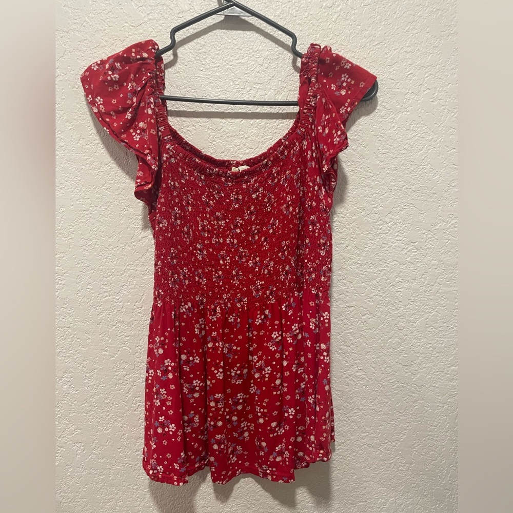 Japna Floral Ruffle Short Sleeve  Flowy Top Boho Juniors medium Red